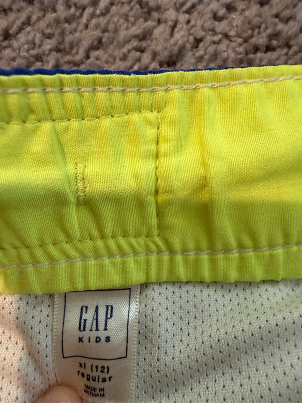 GAP Boys Blue and White Stripe Swim Trunks with Neon Yellow Drawstring